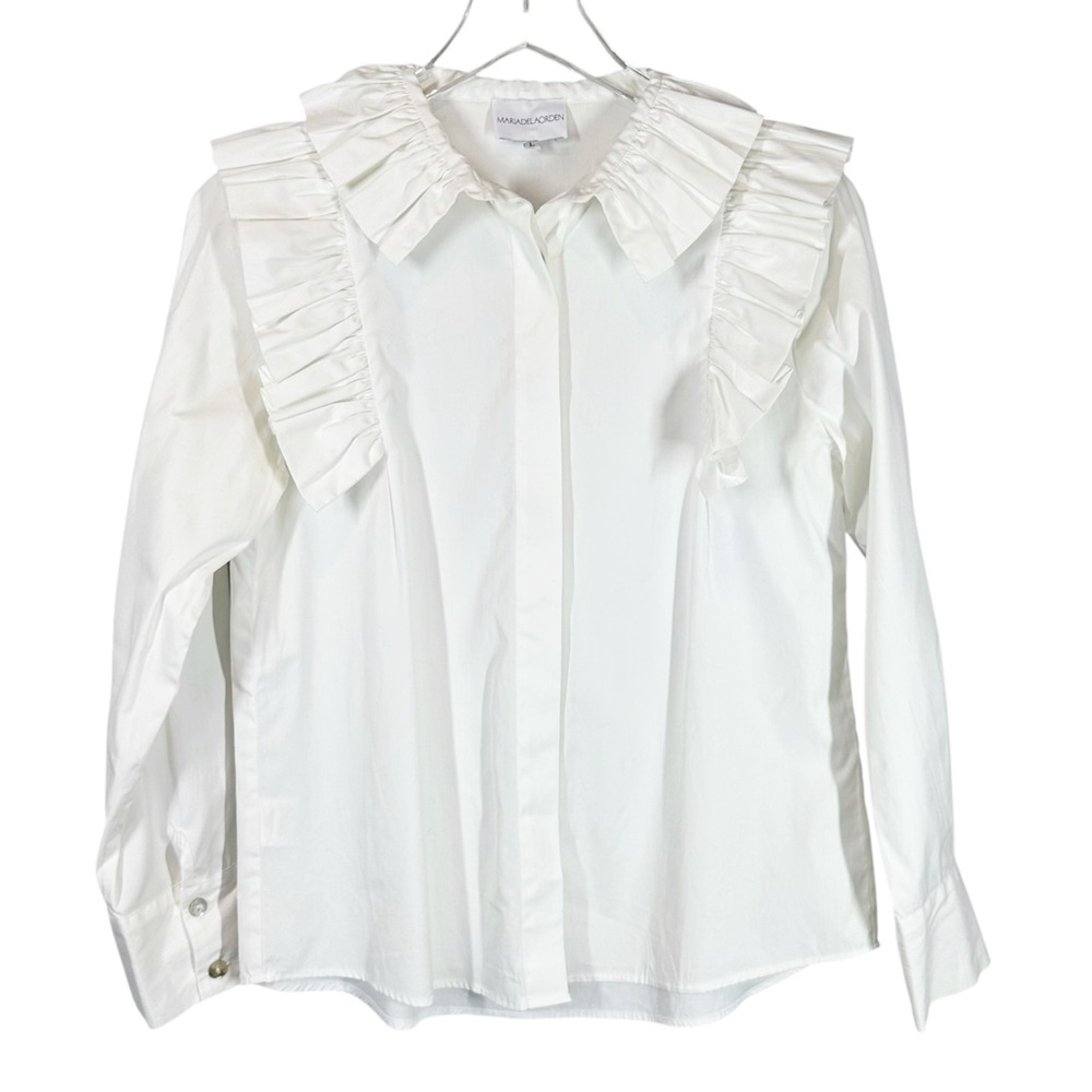 MARIA DE LA ORDEN Women's Large White Peasant Ruffle Button Down Cotton Blouse